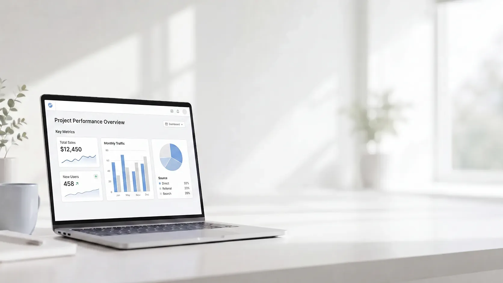 An image of a laptop against a white wall with a blurry dashboard on the screen